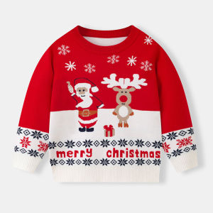 2025 New European and American Style Childrens Cartoon Santa Claus Sweater Boys and Girls Baby Base Pullover Knitted Sweater