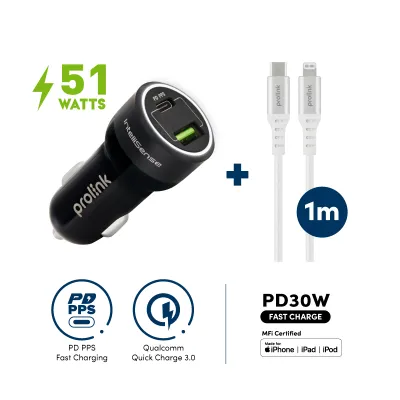 [Super Fast Charge /Power Delivery] Prolink 51W 2-Port PD Car Charger/ USB Type-C PPS PD3.0 with Intellisense (PCC24501) - Compatible with iPhone17