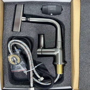 Stainless Steel Satin Finish Pull-Out Shower Faucet with LED Temperature Display and Chrome Spout for Bathroom Sink