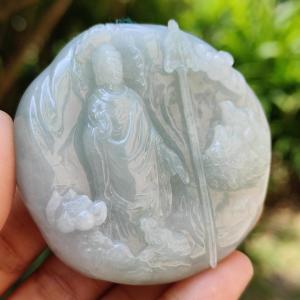 High Quality Light Green Hue Natural Type A Jadeite Jade crafted with Ksitigarbha Bodhisattva as Pendant certificate weighs 70.75 grams measurement 54.6 * 54.6 * 12.6 mm (pendant232)