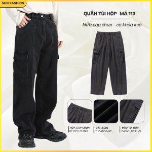 Quần jean túi hộp nam nữ SUN 119 MÀU KHÓI ống rộng chất vải mềm mịn thoáng mát phong cách hàn quốc