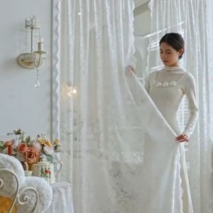 No Drill Lace Door Curtain Sheer Gauze French Style Window Room Divider Tirai Dapur