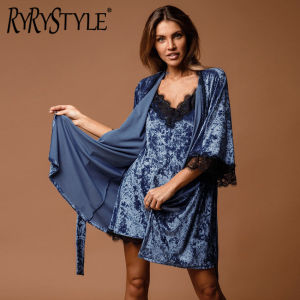 Hiloc Patchwork Lace Sleepwear Velour Robes Women Pajama Set Nightdress Set Woman 2 Pieces Nightwear Splicing Velvet Nightgowns