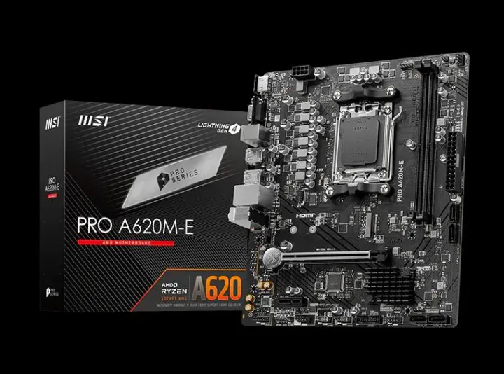 MSI PRO A620M-E motherboard with AM4 socket and PCIe slots for AMD Ryzen A620 series.