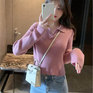 BAJU POLO RAJUT WANITA KERAH KEMEJA MOTIF POLOS SALUR ATASAN SWEATER RAJUTAN TANGAN PANJANG TEBAL KEKINIAN