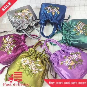 [COD]Flash Delivery Small Women Bucket Bag Top Handle Ladies Handbag Phone Bag Summer Purse National Style Embroidered Flower Pattern Drawstring Bag
