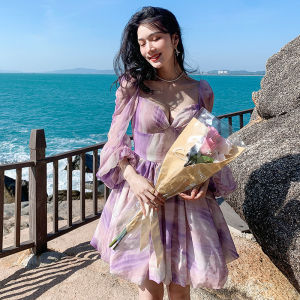 Glary Star Purple Tie-dye Design Sense Niche Strapless Backless Dress Seaside Holiday Sweet High Waist Waist Cover Meat Fluffy Flower Bud Skirt Female
