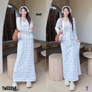 TW22268  Set 2 ชิ้น เสื้อแขนยาว ผูกเชือกโบว์ + กระโปงยาว ..