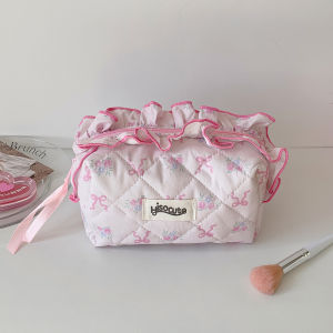 Highly attractive fabric lace makeup bag Korean-style bow skincare storage bag portable toiletry bag for students