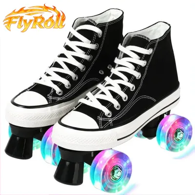 Breathable Double Row Flash Luminous Roller Skates Kids Canvas Four-Wheel Skate Shoes Unisex Black with Colorful Light-Up Wheels