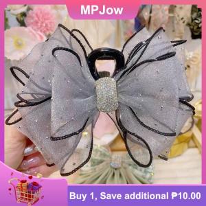 【MPJow】 Korean Style Mesh Bow Rhinestone Hair Claw Vintage Elegant Hair Clamp Hairpin Shark Clips For Women Fashion Hair Accessories
