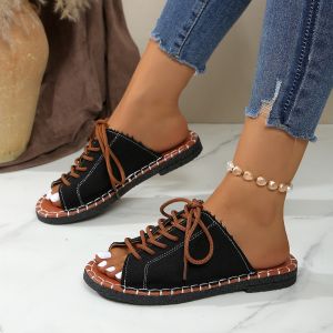 [Free Shipping] Plus-Size WomenS Slippers 2025 Summer New Style Lace-Up Open-Toe Slippers For Outdoor Wear Flat-Soled Casual Cool Thick-Soled