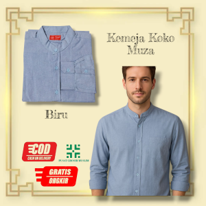 Baju Moza Kemko Tangan Panjang Biru Kemeja Koko by Moza Bahan Oxford High Premium Quality