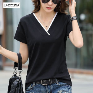 Korean Women Cotton V-neck T-Shirts Patchwork Casual Short Sleeve㏇0701