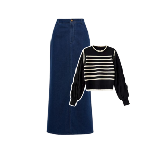 3in1 - One Set Wanita Remaja Kekinian Hijab Paris Premium Blouse Rajut Strip & Rok Jeans Dark 60B