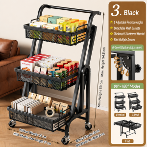 COHF 3 Tier Rolling Storage Cart Foldable Expandable Organizer Trolley with Wheels Carbon Steel Kitchen Bathroom Home Storage Rack
