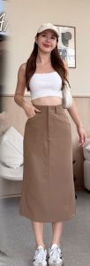 PATRAWEE BRAND P46 พร้อมส่ง กระโปรงยาว กระโปรงยาวผ่าหลัง งานซิปหน้าตะขอ แต่งหูเข็มขัด ความยาวเข่า แฟชั่นเก๋ไก๋