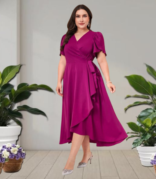 Extra-Stunning at Plain Color Women Plus Size with Belt and Wrap Neck Style  Petal Sleeve Design All-Occasion Wedding Graduation Dress | Lazada PH