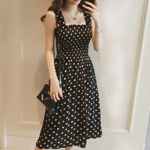 Korean Style Polka Dot Mid-length Dress For Women Casual Suspender Skirt One-shoulder Slim Dresses Strap Bottoming Skirt