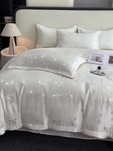 Light Luxury Washed Tencel Jacquard Four-Piece Set Duvet Cover Student Summer Ice Silk Smooth Naked Sleep Silk Bed Sheet Three-Piece Set LZD