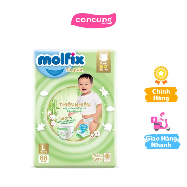 Bỉm tã quần Molfix thiên nhiên (L, 9-13kg, 68 miếng) + 8 miếng