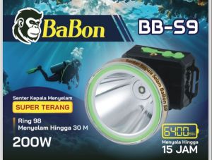 Senter Kepala BaBon BB-S9 200Watt Super LED/ senter Kepala Menyelam BB-S9 200Watt Menyelam Hingga 20Meter Super Terang Cahaya Putih Jarak Sorot Jauh dan Tahan 15jam COD