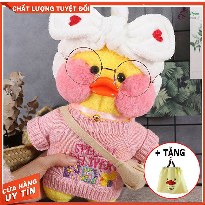 Gấu bông vịt má hồng lalafanfan môi trề đeo kính giá rẻ siêu cute Full phụ kiện