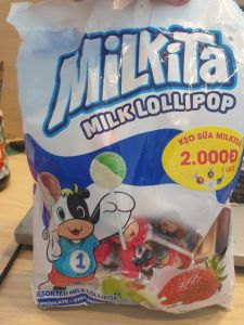 Kẹo mút sữa mút Milkita gói 450g (50 que/gói) hỗn hợp các vị dưa lưới socola và dâu tây nhập khẩu Indonesia