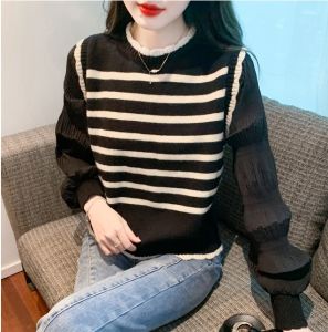 Atasan Wanita Rajut Lengan Panjang Sweaters Garis Palsu Dua Bagian Atas