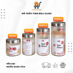 Hũ Thủy Tinh Sọc Deli Glass Nắp Inox 900ml 1250ml 1650ml 2100ml Đựng Đồ Khô Gia Vị
