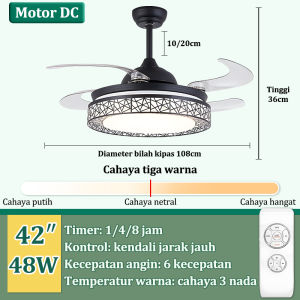GOGEOUS Tak Terlihat Lampu kipas angin gantung plafon ruang tamu modern kipas lampu gantung hias 2in1 3 warna 6 kecepatan 42 inci meja makan kamar tidur balkon lampu kipas led angin remote