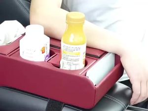Universal Back Seat Car Organizer - Rear Bench Storage Console with Cup Holders & Large Storage Center Armrest Organizer for SUV Truck Van Minivan (Beige)