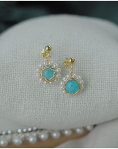 Pearl & Tianhe Stone Earrings S925 Silver Cover with US 14K Gold Leaf