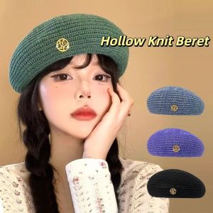 GONG4 Korean Hollow Knitted Beret Thin Y2k Beanie Cap Fashion Versatile Painter Berets Female