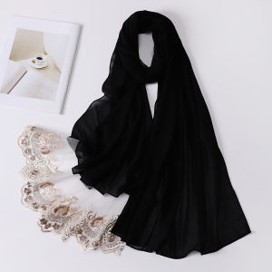 Jifang High Quality Women Embroidery Floral Mesh Lace and Bubble Chiffon Patchwork Muslim Hijabs Shawls Pashmina Headscarf WJ880