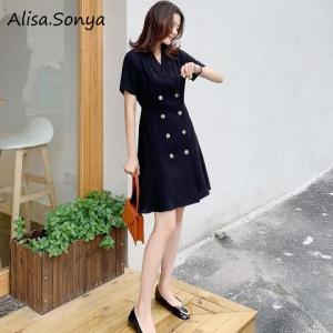 Alisa. Sonya Womens Classical Double-Breasted V-Neck Slim Dress Vocation Design Formal Dress for Daily Work