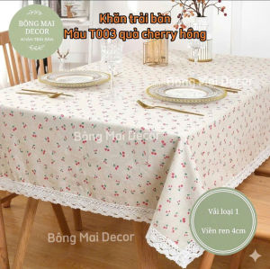 Khăn trải bàn vải canvas VIỀN REN họa tiết CHERRY HỒNG phong cách Nhật Bản nhẹ nhàng vintage [T003]