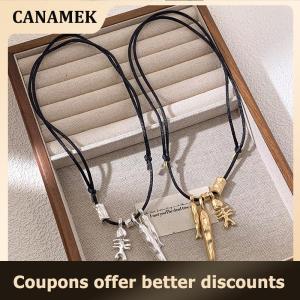 【 CANAMEK 】 Fashion Autumn Winter New Metallic Fish Bone Pendant Necklaces For Women Long Adjustable Wax Rope Sweater Chain Chain