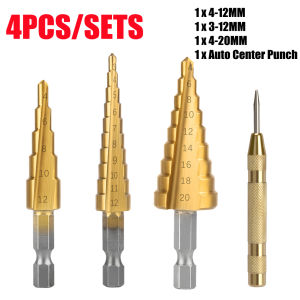 JIANTAI 3-12mm 4-12mm 4-20mm 4-32mm HSS Straight Groove Titanium Step Drill Bit Set Automatic Center PunchTitanium Coated Wood Metal Hole Cutter Core Drill Bit Set