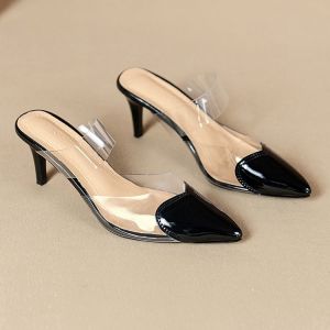Free Shipping 2026 Spring Collection: New Fashionable And Minimalist Patent Leather Heart-Shaped Pointed-Toe Half-Slipper Sandals For Women Featuring A Thin Heel And A Closed-Toe Design