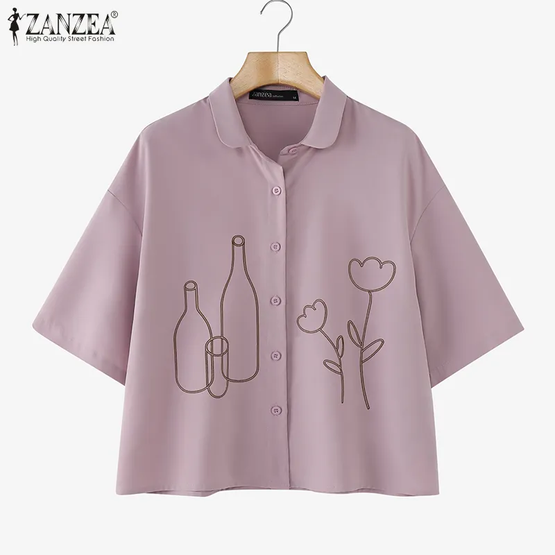 ZANZEA Korean Style Women Office Half Sleeve Turn-Down-Collar Shirt Floral  Single-Breasted OL Work Top #0217