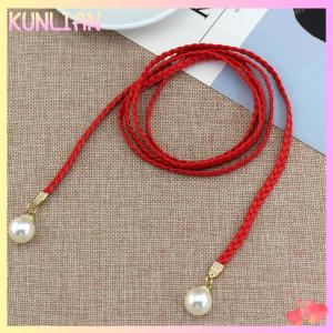 [KUNLIAN] เข็มขัดหนัง PU แบบบางสุดสร้างสรรค์เข็มขัดคาดเอวยางยืดประดับมุกชุดเดรสของผู้หญิงของขวัญเข็มขัดผู้หญิง