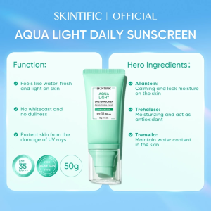 Skintific Aqua Light Daily Sunscreen SPF35 PA++++ 50g UV Protection|Lightweight Hydration|Non‑Whitecast|Acne‑Skin Friendly Water‑Fresh Facial Sun Cream Oil‑Free Daily Sunscreen For Troubled Oily Acne‑Prone Skin