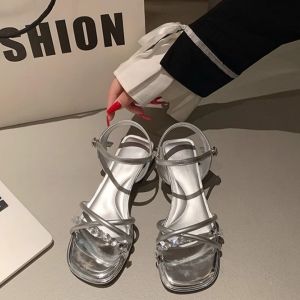 Stylish Rhinestone Sandals With High Aesthetic Value 2025 New Summer Model Chunky Heel Suitable For Skirts One-Strap Roman Shoes