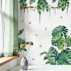Decal Dán Tường Lá Monstera Nhiệt Đới Và Vẹt Rừng Xanh Có Keo Sẵn 120x150cm - Trang Trí Phòng Khách