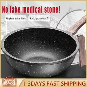 32CM Large capacity Medical stone non-stick pan with Lid Skillet Omelets Pans with Maifan Stone Coating PFOA FreeWooden handle Suitable for All Stoves including Induction