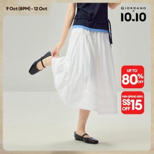 Giordano Women Lace trim elastic waist pintuck maxi skirt Free Shipping 18466223