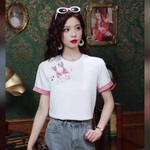 Ammin 2024 đơn giản Mới Mùa Hè Ngắn Tay Cổ Tròn Nút đĩa định vị thêu hoa áo thun cotton nguyên chất Áo Blouse thanh lịch ngắn tay Mới Nữ