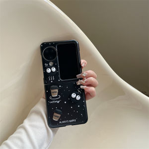 เคสโทรศัพท์มือถือสำหรับ OPPO Find N3 Flip  Find N2 Flip เคสสีดำ ประดับคุกกี้และแก้วกาแฟ สุดน่ารัก