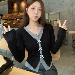 RUMIA Korean style ladies loose long sleeve shirt blouse shirt women shirt Fake 2 Pieces black+gray Bow Long Sleeve V Neck ShirtsREADY STOCK